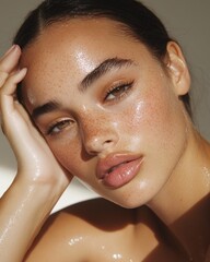 Naklejka premium Woman portrait shiny skin face beauty natural complexion