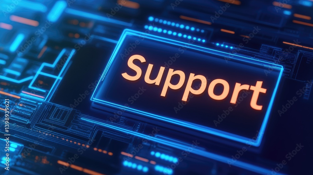 Aufkleber digital support system neon glowing support text on a futuristic technological background