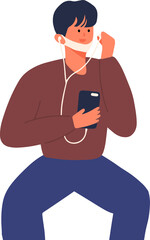 Men listening to music by earphones and talking to stranger in public space