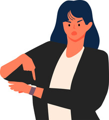 business woman angry because employees are late while pointing at the watch cartoon