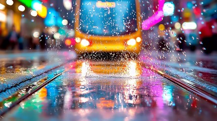 Rainy night cityscape with tram and water splash
