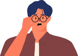 Surprised man through glasses. Surprising news with question marks and exclamation marks.