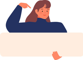 woman holding a blank sign with pointing hand gesture illustration