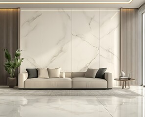 3D rendering of a modern living room interior with white marble floor tiles and beige wall panels