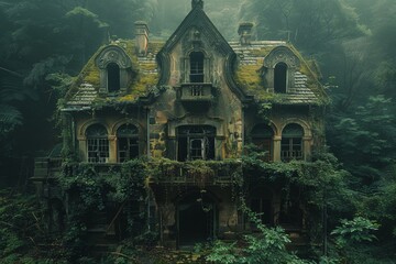 An eerie image of an abandoned house enveloped by dense foliage, showcasing nature's takeover and the haunting beauty of decay in a forgotten place.