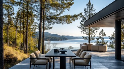 This image showcases a serene lakeside dining area surrounded by trees, capturing the tranquil beauty of nature and modern architectural elegance.
