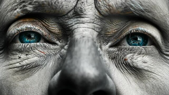 Close up of blue cybernetic eyes on textured wrinkled face with detailed skin. Concept of futuristic vision, human machine hybrid, artificial intelligence, sci fi character