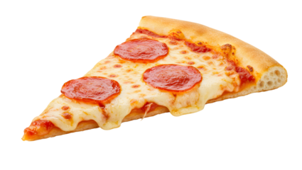 Single slice of pepperoni pizza presenting melted mozzarella cheese and crispy crust, isolated on transparent background, ideal for food and restaurant promotion