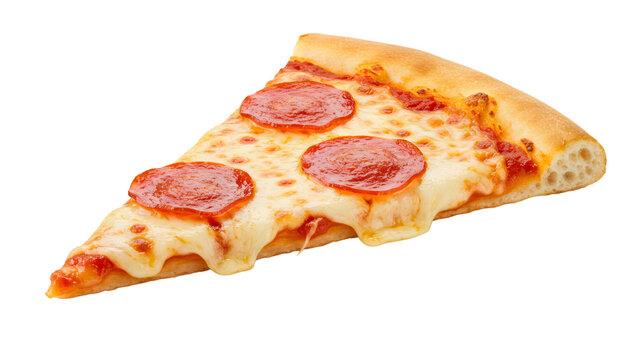 Single slice of pepperoni pizza presenting melted mozzarella cheese and crispy crust, isolated on transparent background, ideal for food and restaurant promotion