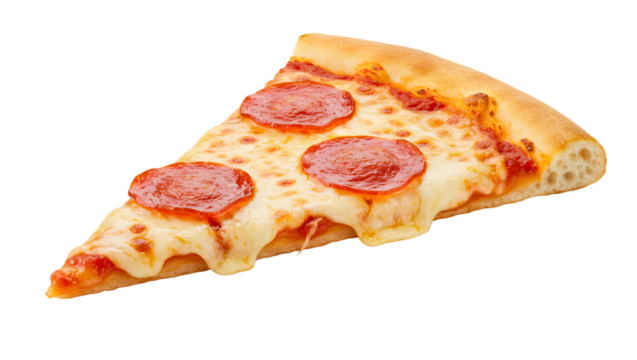 Single slice of pepperoni pizza presenting melted mozzarella cheese and crispy crust, isolated on transparent background, ideal for food and restaurant promotion