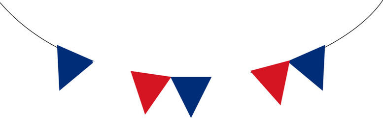 Happy bastille day. Red, white and blue flag party triangular flags background.