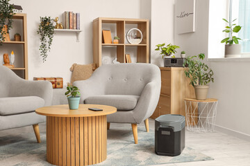 Portable power station on carpet in living room