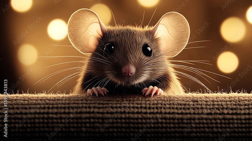 Poster cute and curious mouse peering out with bright eyes and soft fur against a warm backdrop : generativ