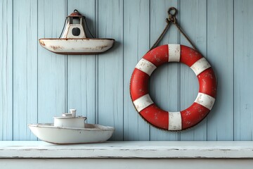 Rustic white toy boats and a red and white life preserver hang on a light blue wood wall.  Perfect for nautical themed home decor.