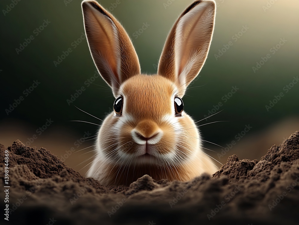 Poster realistic brown rabbit emerging from the earth showcasing its innocence and cuteness : generative ai