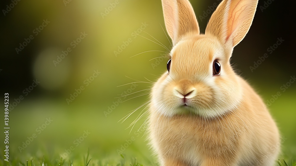 Poster cute fluffy rabbit looking curiously in a lush green meadow with soft sunlight : generative ai
