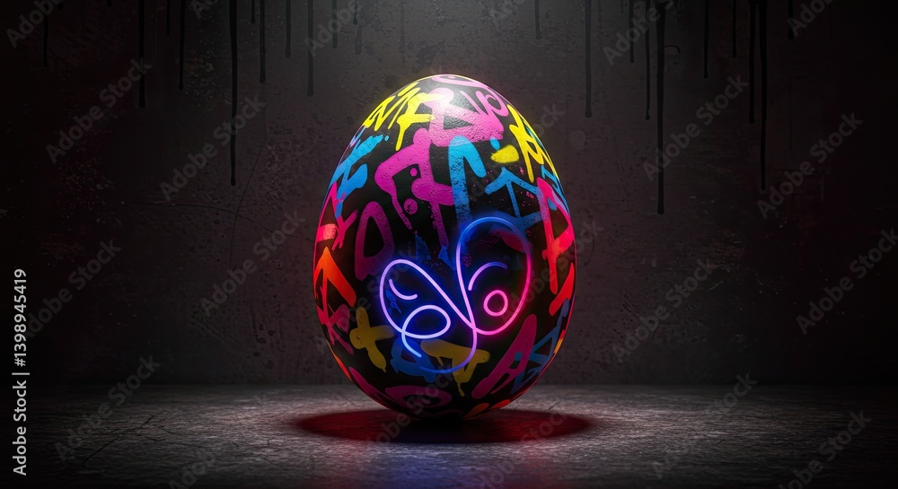 Poster illuminated neon egg with colorful patterns and dark textured backdrop
