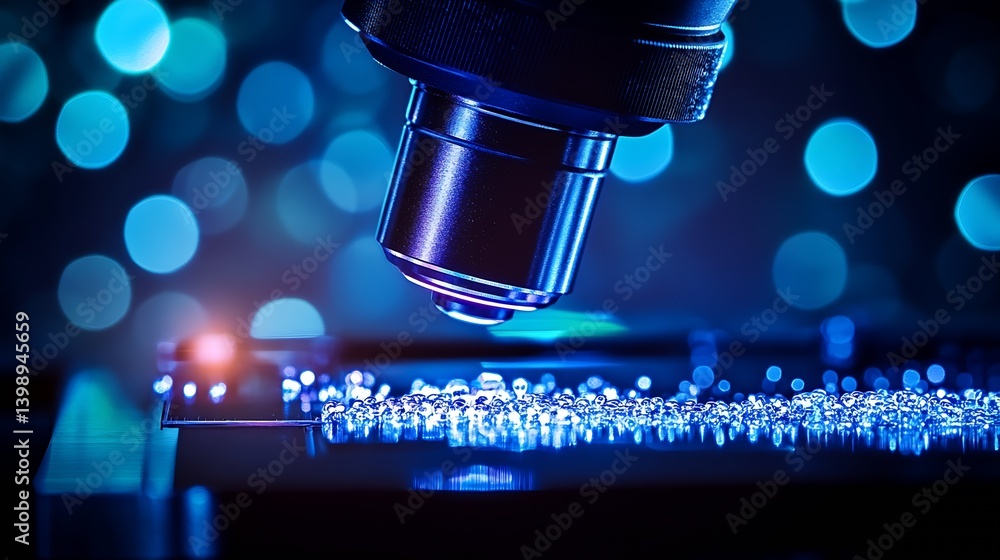 Leinwandbilder Close-up of a Microscope Lens over a Circuit Board with Blue Bokeh Background Displaying Technology Focus : Generative AI