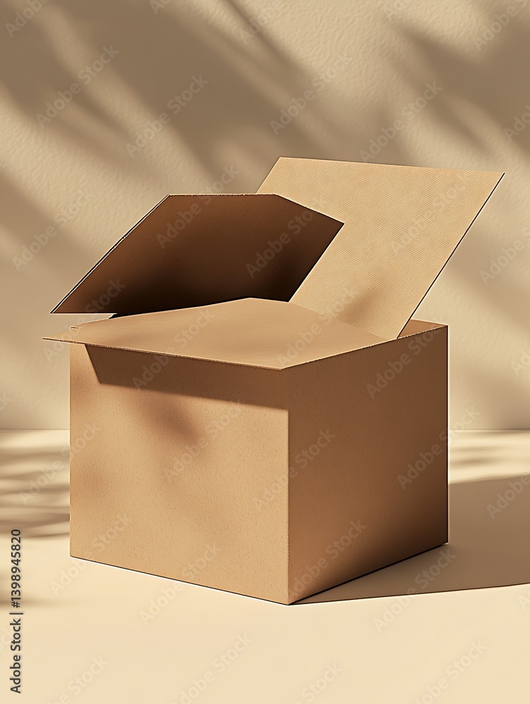 Poster Open empty cardboard box placed on a light background with soft shadows for an inviting presentation : Generative AI