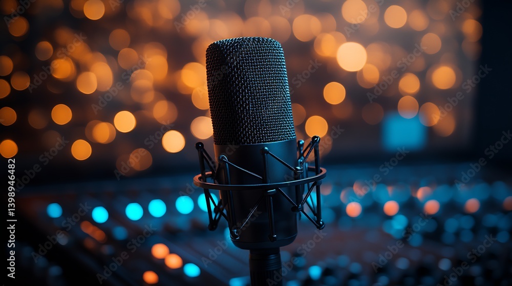 Poster Stylish microphone on audio mixer console with blurred bokeh background creating a music vibe : Generative AI