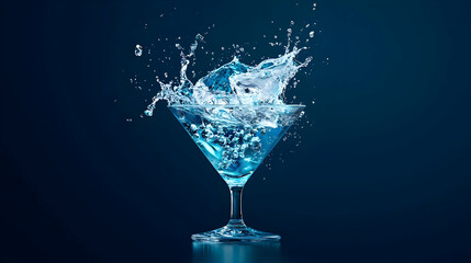 Blue Martini Splash With Ice Cubes On Dark Background