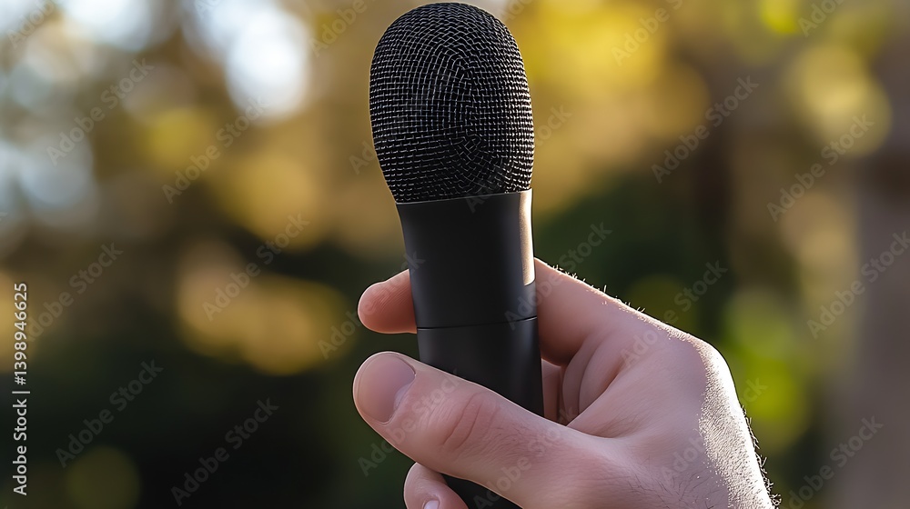 Poster A close-up of a hand holding a microphone ready for an engaging speech or performance : Generative AI