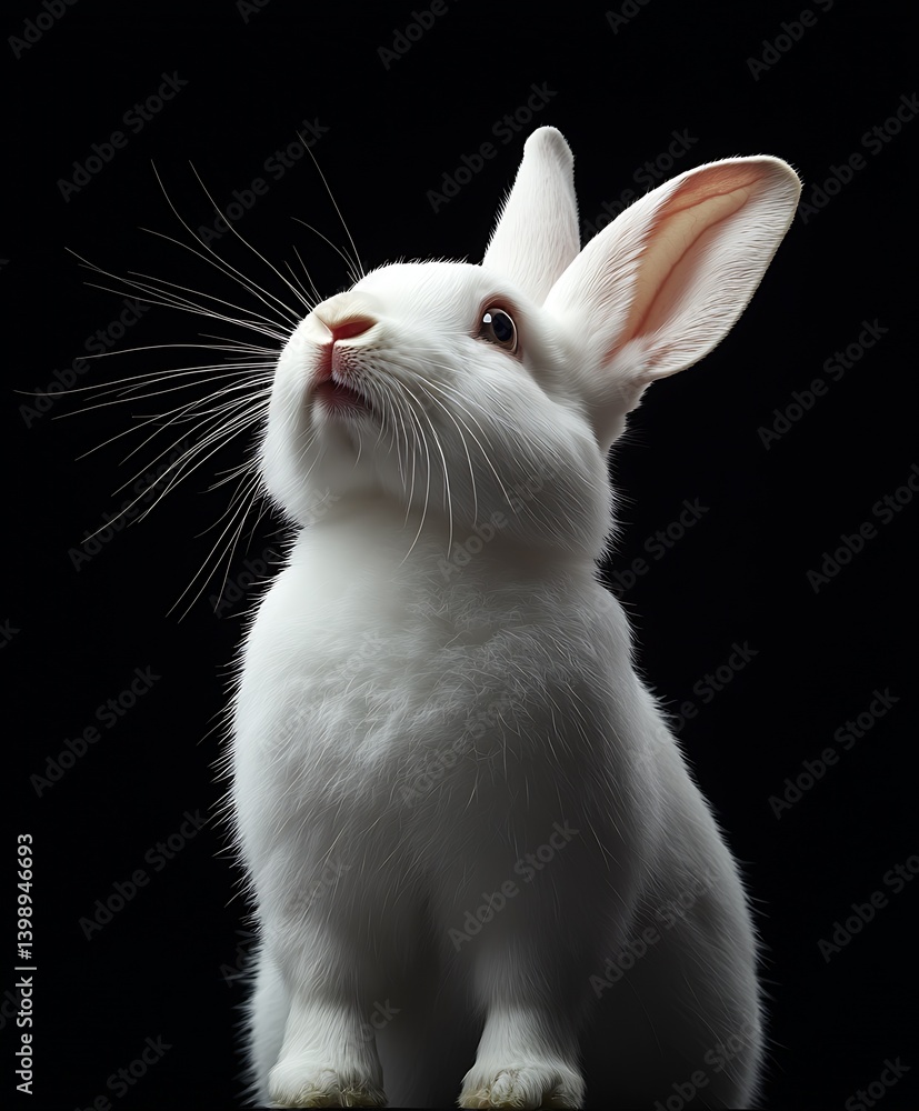 Poster adorable white rabbit with expressive eyes looking upwards against a dark background : generative ai