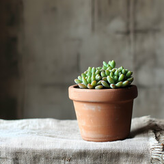 Succulent plant in terracotta pot on linen cloth, rustic background. Ideal for home decor websites