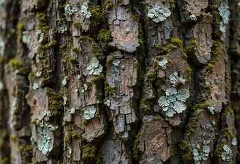 Examining Bark Texture with Moss and Lichen Closeup