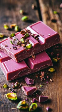 Delicious ruby chocolate bars with pistachio garnish on rustic wooden surface