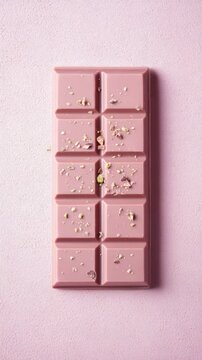 Ruby chocolate bar with pistachios and rose petals on a pink surface