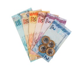 Brazilian Money. Assorted Brazilian Real notes and coins