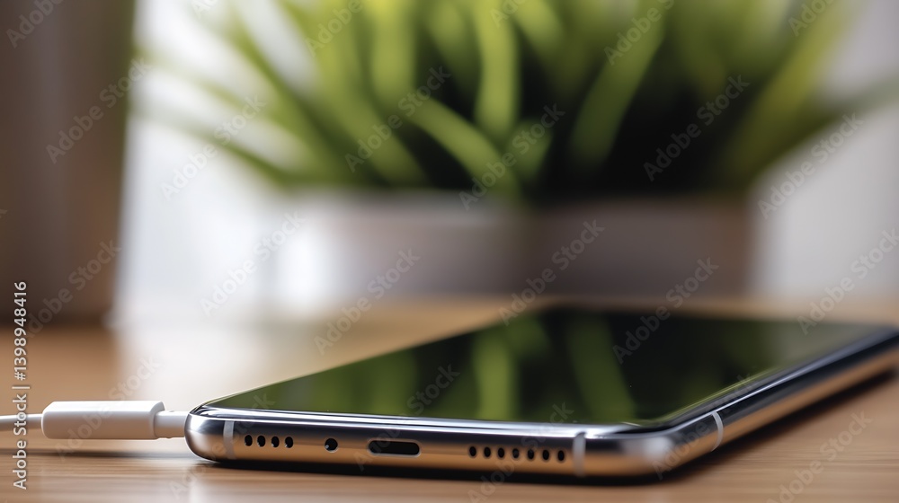 Poster Close-up of a smartphone charging with a white cable on a wooden table with greenery in the background : Generative AI