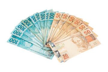 Brazilian currency banknotes displayed in fan arrangement showing 100 and 50 reais bills