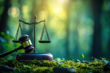 Scales of justice and gavel rest on mossy forest ground, symbolizing environmental law and balance.