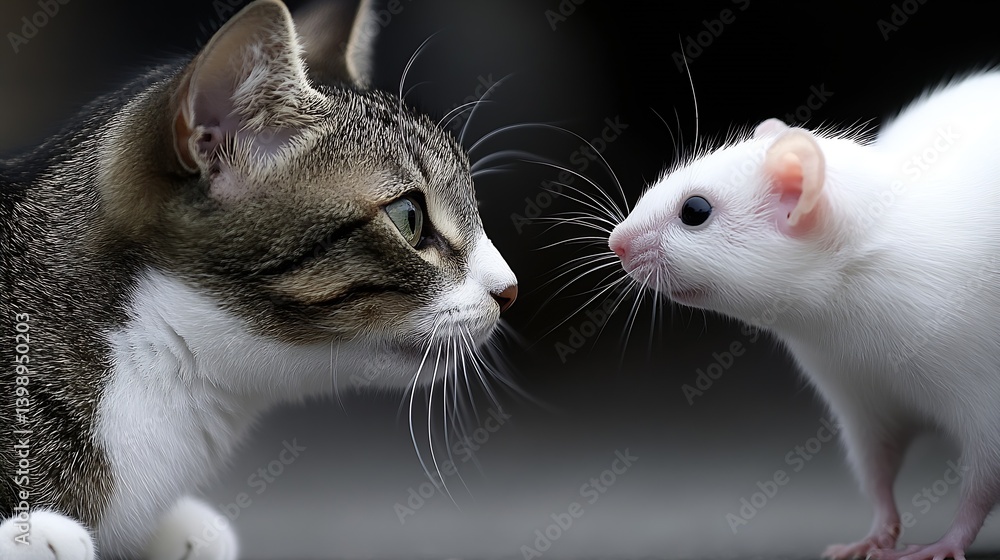 Poster intriguing close encounter between a cat and a white mouse capturing the essence of curiosity and fr
