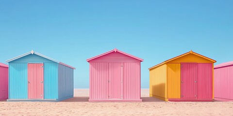 Vibrant pastel-colored beach huts stand on a sandy beach under a clear blue sky.  Perfect for summer vacation and travel brochures.