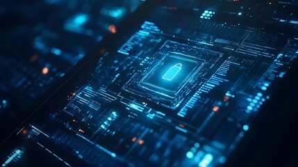 Obraz premium A high-tech circuit board showcasing digital battery icon with a mesmerizing blue glow, symbolizing power and innovation.