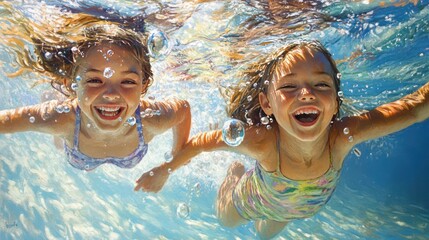 Two girls swimming underwater, happy expressions