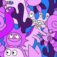 Cartoon doodle animals seamless monsters pattern for kids clothes print and wrapping paper and fabrics