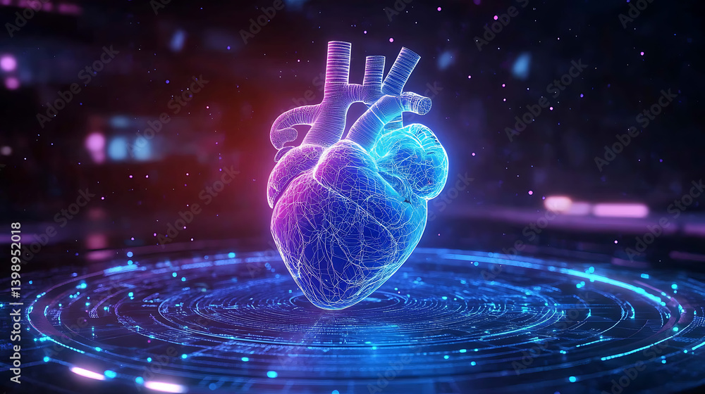 Poster digital wireframe of the human heart on a futuristic circular interface with glowing lights