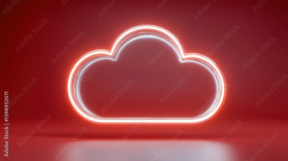 Poster cloud technology digital data storage concept. neon cloud icon illuminated against a red background,