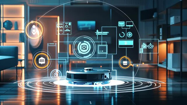 High tech smart robotic vacuum cleaner in modern home interior with futuristic digital interface, glowing virtual icons. smart home, AI cleaning device, automation technology, futuristic UI elements