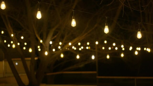 Warm glowing string lights hanging across bare tree branches on a terrace at night. Cozy outdoor evening atmosphere, perfect for celebrations, weddings, or romantic gatherings. 4k footage