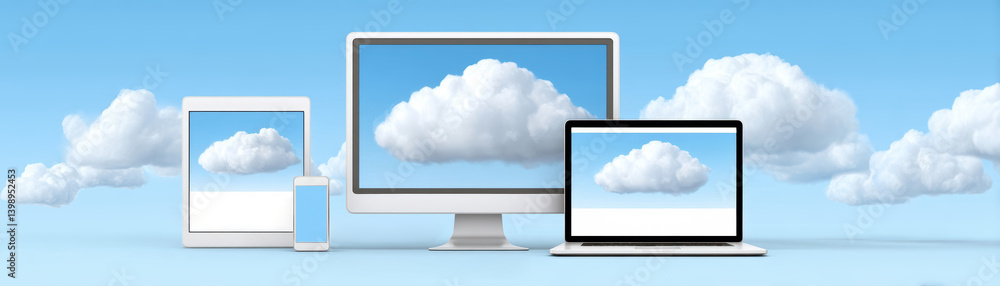 Poster cloud technology digital data storage concept. digital devices displaying cloud imagery against a bl