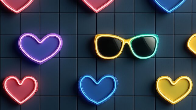 retro pride pattern, s retro pride theme a seamless pattern with neon colors of rainbow lightning bolts, pixel hearts, sunglasses, and cassette tapes on a dark grid background for a nostalgic yet