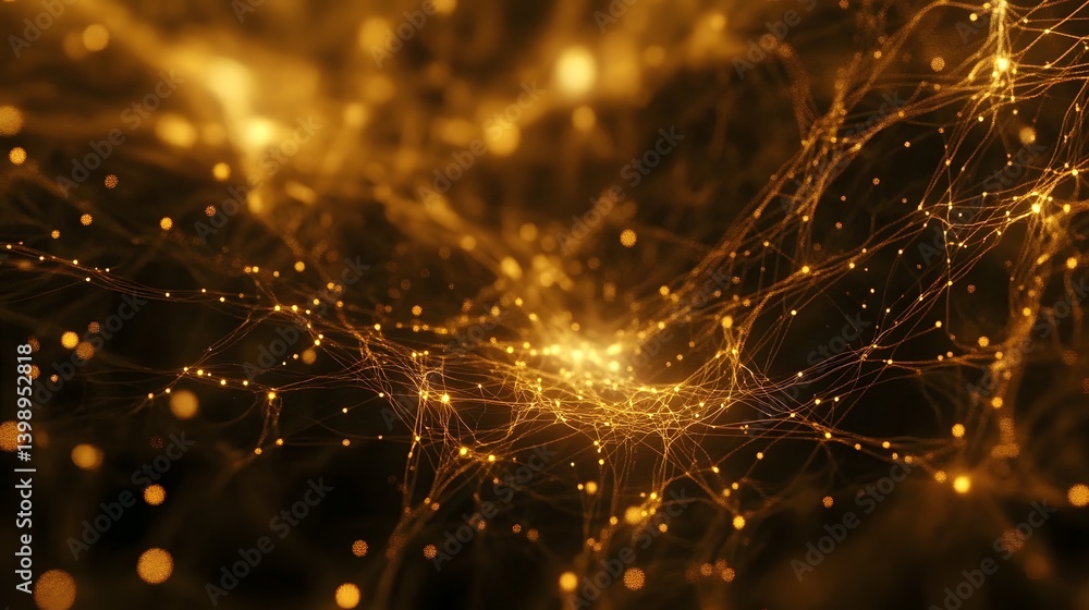 Poster intricate network of glowing golden particles resembling a celestial map or a complex neural pathway