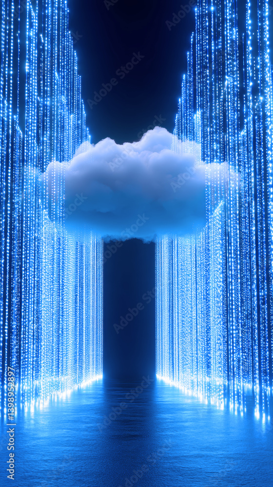 Poster cloud technology digital data storage concept. digital landscape featuring a cloud amidst glowing ve