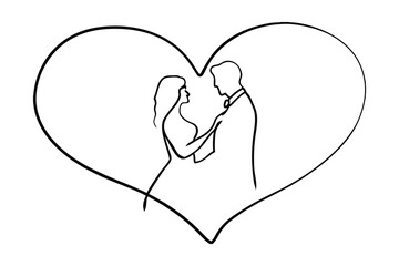 Minimalist Wedding Couple Inside Heart Shape Outline Drawing Illustration Perfect For Wedding Invitations And Valentines Day Greetings