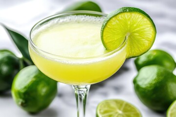 Refreshing lime margarita in a glass with fresh limes